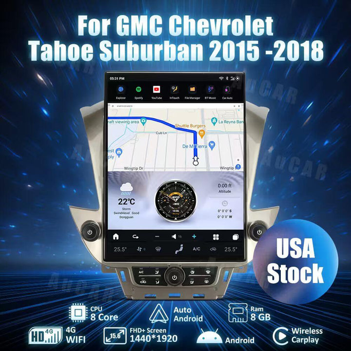 AUCARAUTO Tesla Android 15.6" Car Radio GPS Navigation For GMC Chevrolet Tahoe Suburban Yukon 2015-2018