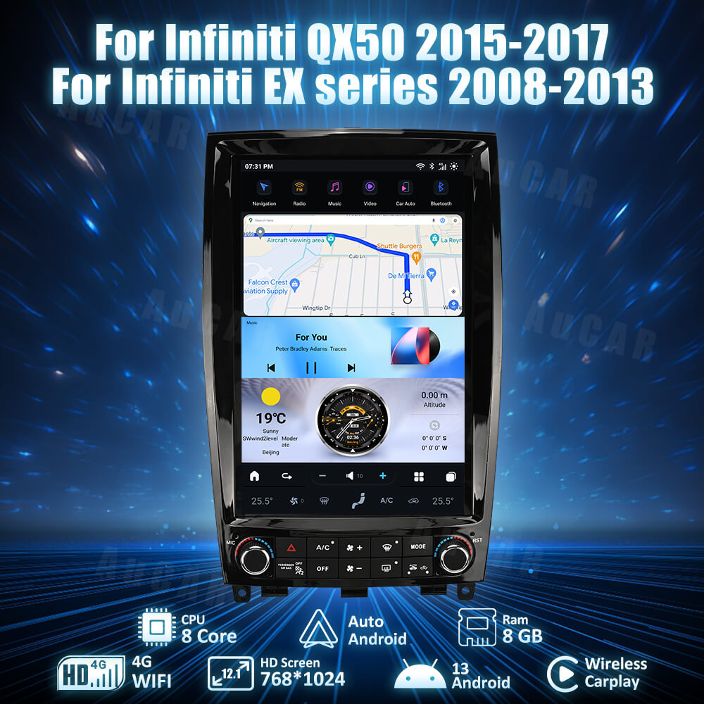 AuCar Tesla Android 13 12.1" Car Radio GPS Navigation For Infiniti QX50 EX Series 2008-2013/2015-2017