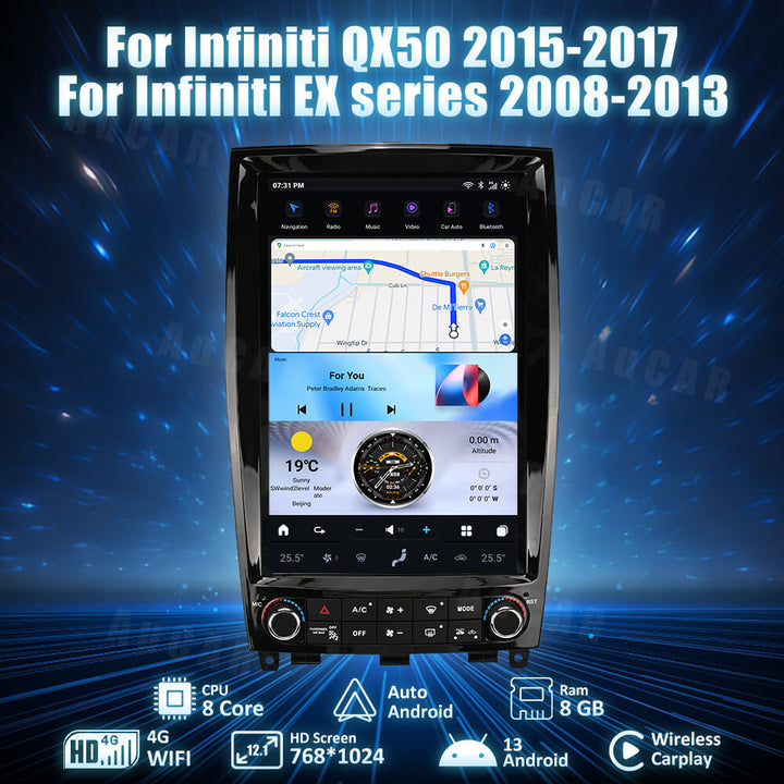 AuCar Tesla Android 13 12.1" Car Radio GPS Navigation For Infiniti QX50 EX Series 2008-2013/2015-2017