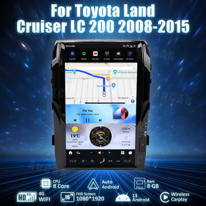 AuCar Tesla Android 13 16.0" Car Radio GPS Navigation For Toyota Land Cruiser LC200 2008-2015 Car Multimedia Stereo Player Car Video