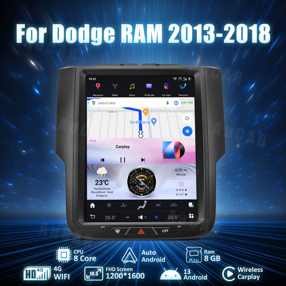 AuCAR Android 13 Tesla Style 10.5" Car multimedia for Dodge RAM GPS System Audio 2013-2018 Bluetooth Radio WIFI Vertical Stereo