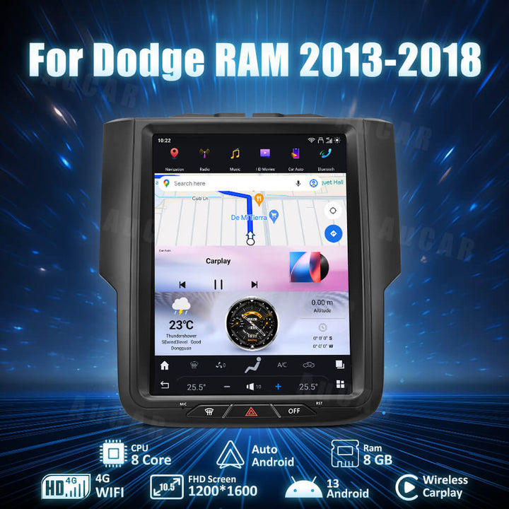 AuCAR Android 13 Tesla Style 10.5" Car multimedia for Dodge RAM GPS System Audio 2013-2018 Bluetooth Radio WIFI Vertical Stereo