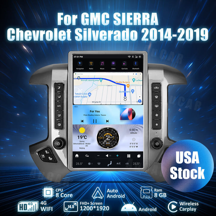 AuCar Tesla Android 14.5″ Car Radio GPS Navigation For GMC Sierra Chevrolet Silverado 2014-2019