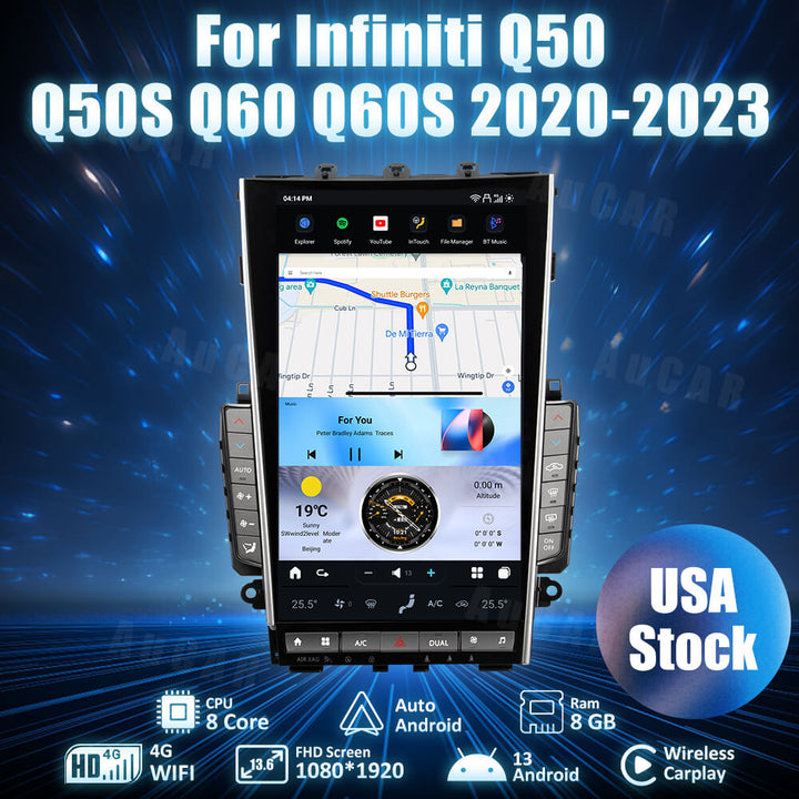 AUCARAUTO Tesla Android 13 13.6" Car Radio GPS Navigation for Infiniti Mark7 MK7 Q50 Q50S Q60 Q60S 2020-2023