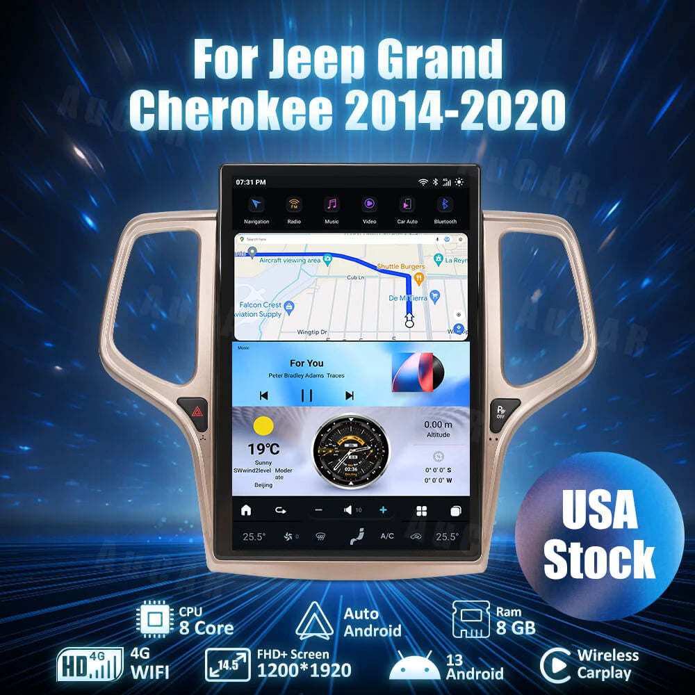 AuCar Tesla Android 13 14.5" Car Radio GPS Navigation For Jeep Grand Cherokee 2014-2020 Car Multimedia Stereo Player Car Video