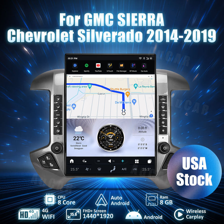 AuCar Tesla Android 15.6″ Car Radio GPS Navigation For GMC Sierra Chevrolet Silverado 2014-2019