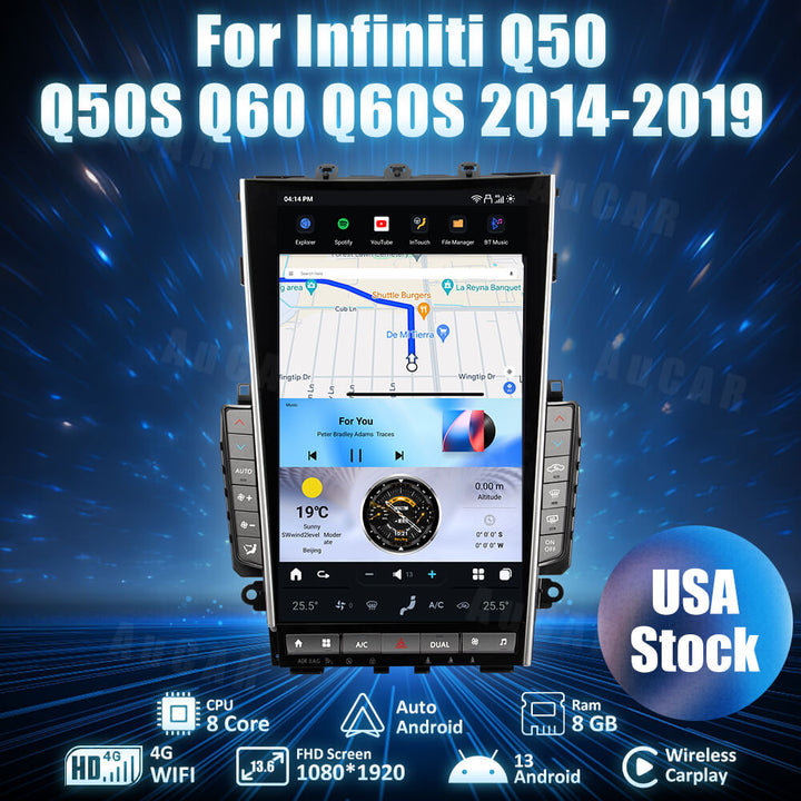 AUCARAUTO Tesla Android 13 13.6" Car Radio GPS Navigation for Infiniti Mark7 MK7 Q50 Q50S Q60 Q60S 2014-2019