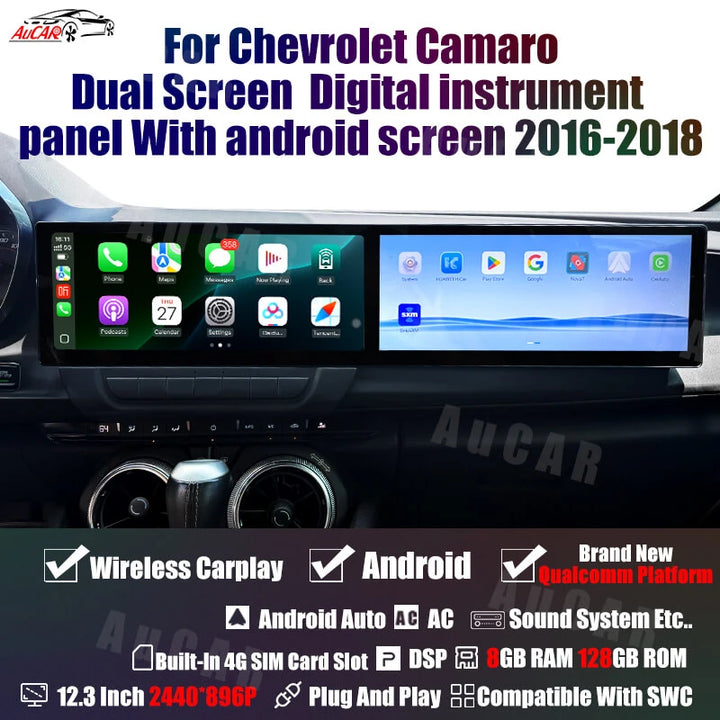 AuCAR Android 12.3" Car radio For Chevrolet Camaro 2016-2023 Dual Screen Digital instrument panel