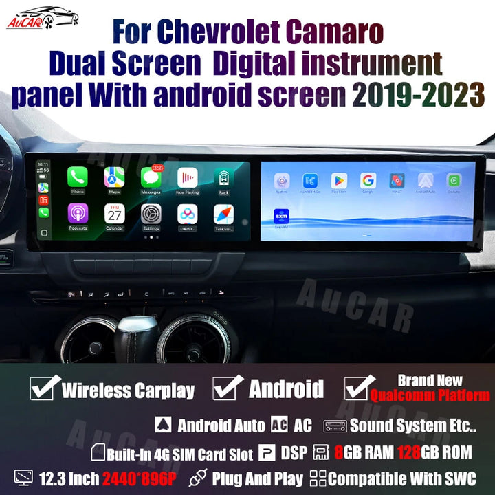 AuCAR Android 12.3" Car radio For Chevrolet Camaro 2016-2023 Dual Screen Digital instrument panel