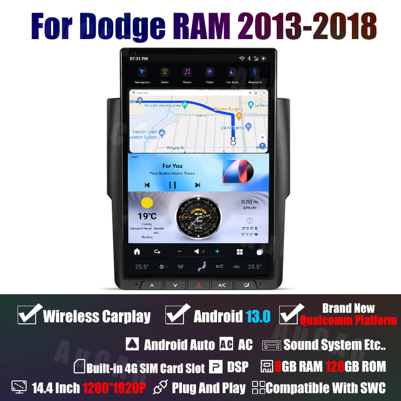 AuCar Tesla Android 13 14.4" Car Radio GPS Navigation For Dodge RAM 2013-2018 &amp;amp; RAM Classic 2019–2022