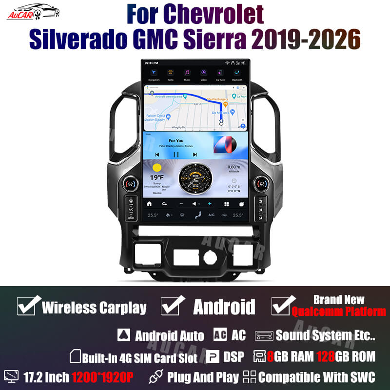 AuCar Tesla Android 17.2″ with LED knobs Car Radio GPS Navigation For Chevrolet Silverado GMC Sierra 2019-2026