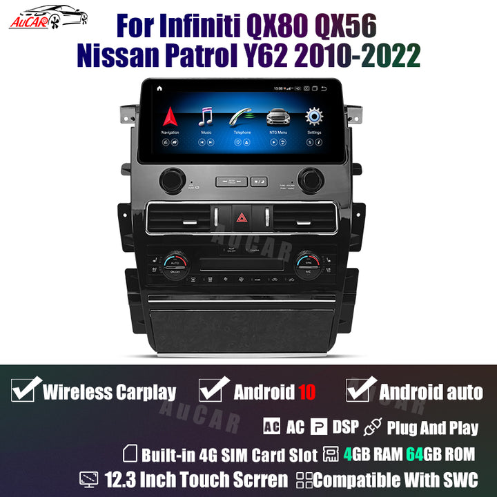 AuCar Android 10 12.3" Car Radio GPS Navigation For Infiniti QX80 QX56 Nissan Patrol Y62 2010-2022 Car Multimedia Stereo Player Car Video