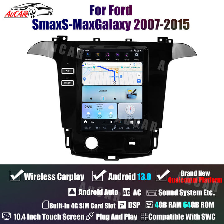AuCar Tesla Android 13 10.4" Car Radio GPS Navigation For Ford SmaxS-MaxGalaxy 2007-2015