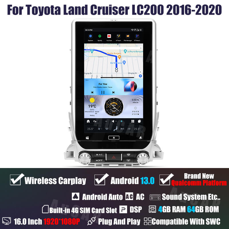 AuCar Tesla Android 13 16.0" Car Radio GPS Navigation For Toyota Land Cruiser LC200 2016-2020 Car Multimedia Stereo Player Car Video