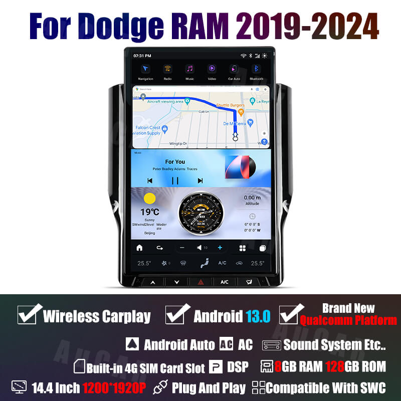 AuCar Tesla Android 13 14.4" Car Radio GPS Navigation For Dodge RAM 2019-2024