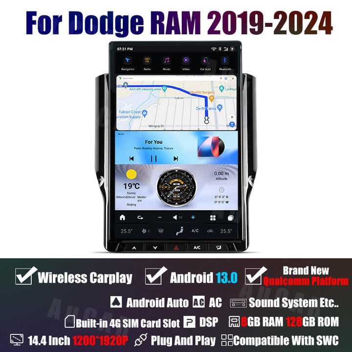 AuCar Tesla Android 13 14.4" Car Radio GPS Navigation For Dodge RAM 2019-2024