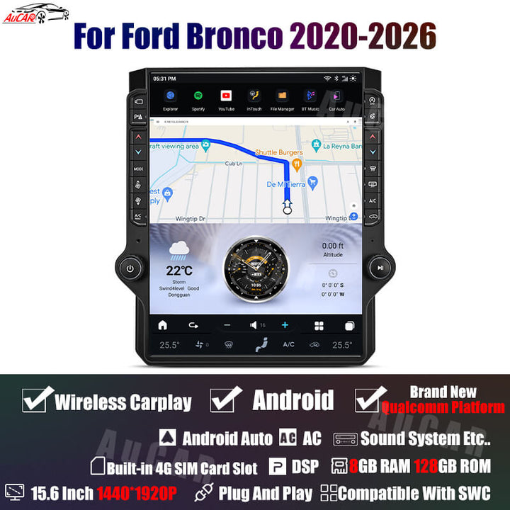 Pre-order AuCar Tesla Android 15.6" Car Radio GPS Navigation For Ford Bronco 2020-2026