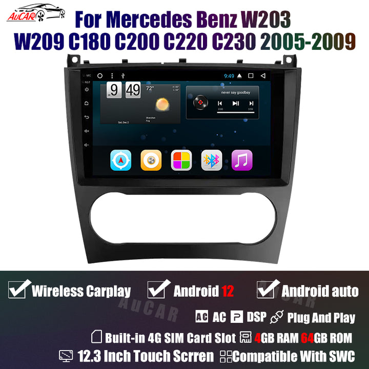 AuCar Android 12 12.3" Car Radio GPS Navigation For Mercedes Benz W203 W209 C180 C200 C220 C230 2005-2009 Car Multimedia Stereo Player Car Video