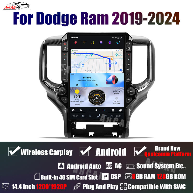 AuCar Tesla Android 14.4" Car Radio GPS Navigation For Dodge Ram 2019-2024 compatible with OEM 5" &amp;amp; 8.4" Screens