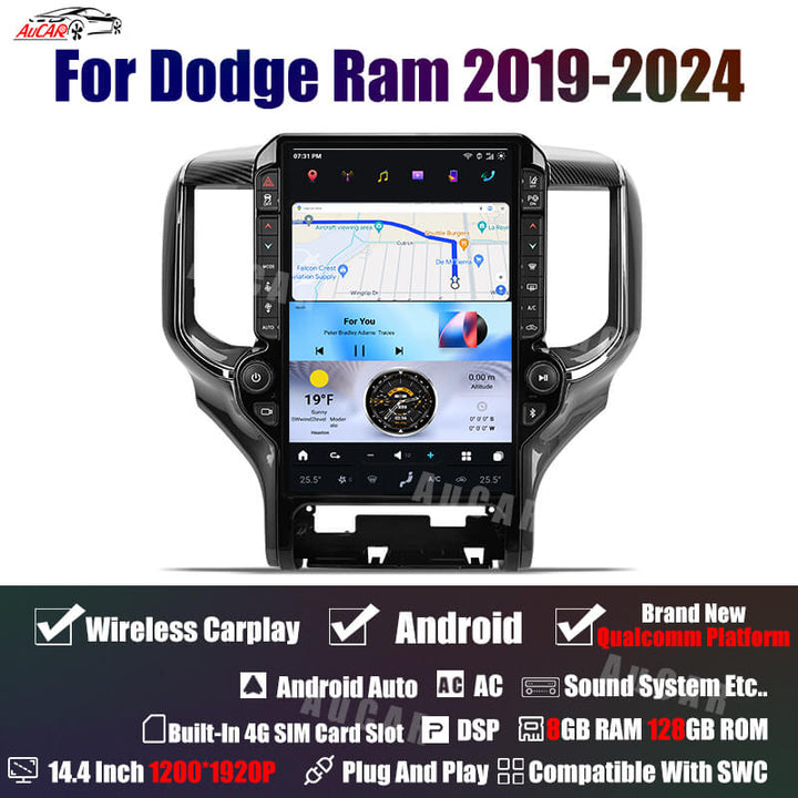 AuCar Tesla Android 14.4" Car Radio GPS Navigation For Dodge Ram 2019-2024 compatible with OEM 5" &amp;amp; 8.4" Screens