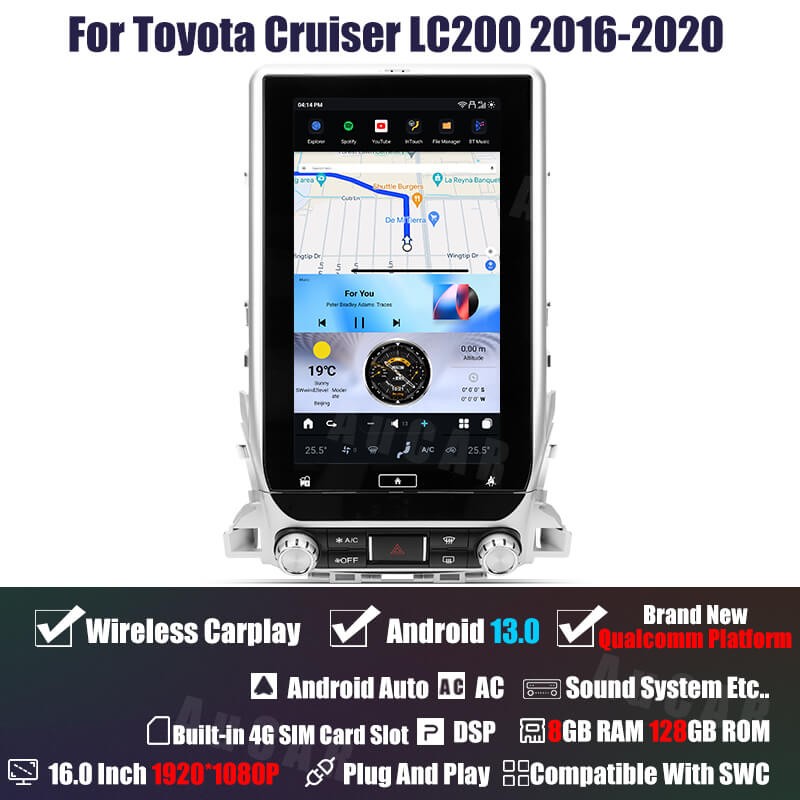 AuCar Tesla Android 13 16.0" Car Radio GPS Navigation For Toyota Cruiser LC200 2016-2020 Car Multimedia Stereo Player Car Video