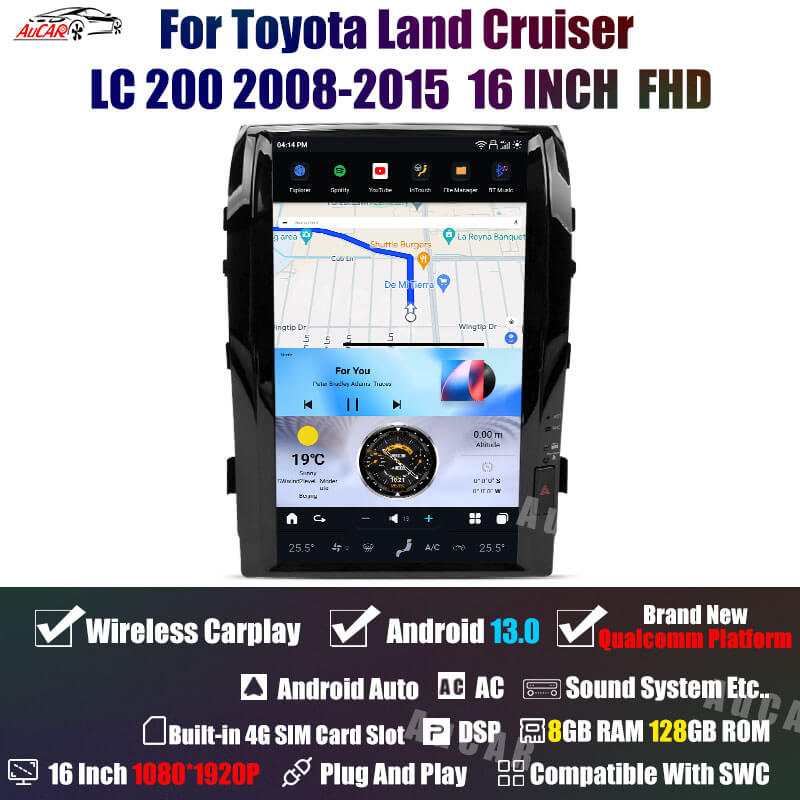 AuCar Tesla Android 13 16.0" Car Radio GPS Navigation For Toyota Land Cruiser LC200 2008-2015 Car Multimedia Stereo Player Car Video
