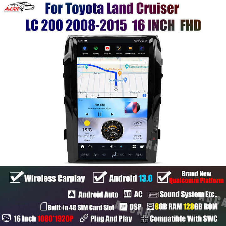 AuCar Tesla Android 13 16.0" Car Radio GPS Navigation For Toyota Land Cruiser LC200 2008-2015 Car Multimedia Stereo Player Car Video
