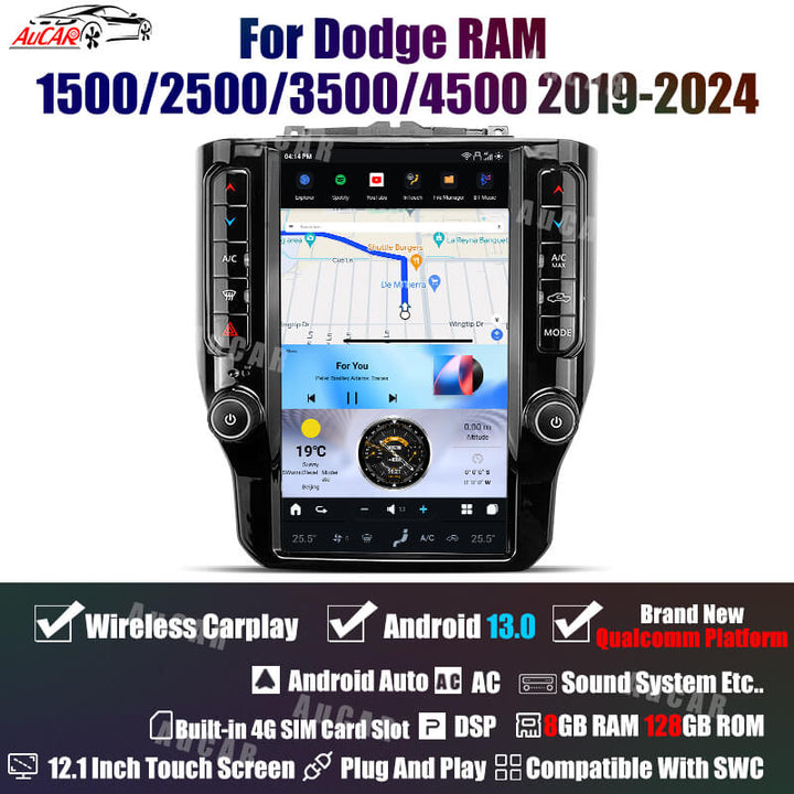 AuCar Tesla Android 13 12.1" Car Radio GPS Navigation For Dodge RAM 1500/2500/3500/4500 2019-2024