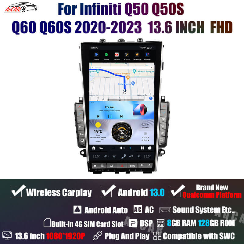 AUCARAUTO Tesla Android 13 13.6" Car Radio GPS Navigation for Infiniti Mark7 MK7 Q50 Q50S Q60 Q60S 2020-2023