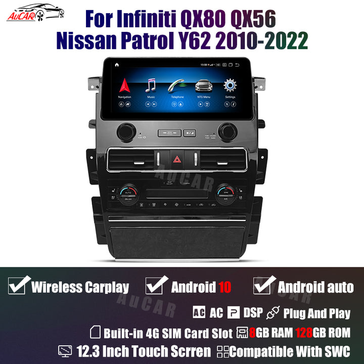 AuCar Android 10 12.3" Car Radio GPS Navigation For Infiniti QX80 QX56 Nissan Patrol Y62 2010-2022 Car Multimedia Stereo Player Car Video
