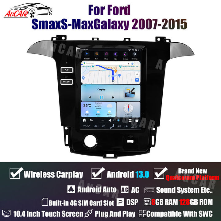 AuCar Tesla Android 13 10.4" Car Radio GPS Navigation For Ford SmaxS-MaxGalaxy 2007-2015