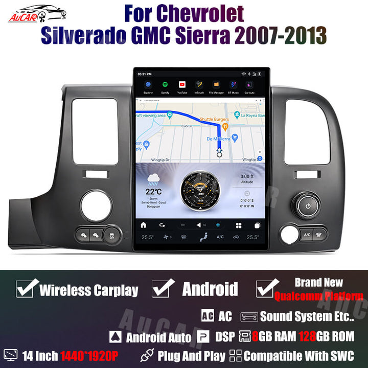 AuCar Tesla Android 14″ Car Radio GPS Navigation For GMC Sierra Chevrolet Silverado 2007-2013
