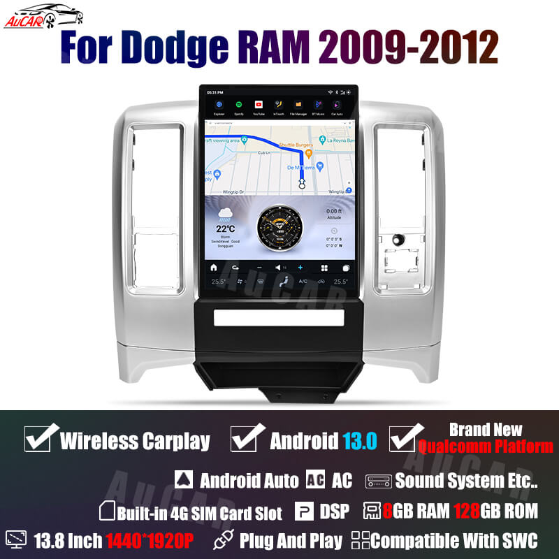 AuCar Tesla Android 13 13.8" Car Radio GPS Navigation For Dodge RAM 2009-2012