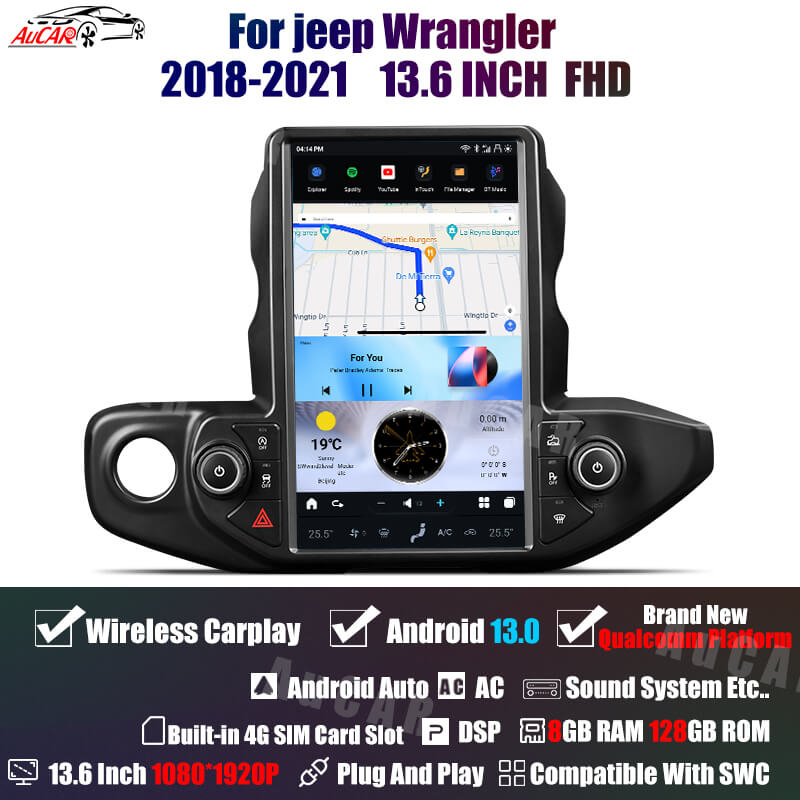 AuCar Tesla Android 13 13.6 inch Car Radio GPS Navigation Android Head Unit for Jeep Wrangler/gladiator 2018-2021 Car Multimedia Stereo Player Car Video