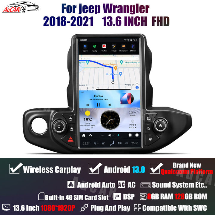 AuCar Tesla Android 13 13.6 inch Car Radio GPS Navigation Android Head Unit for Jeep Wrangler/gladiator 2018-2021 Car Multimedia Stereo Player Car Video