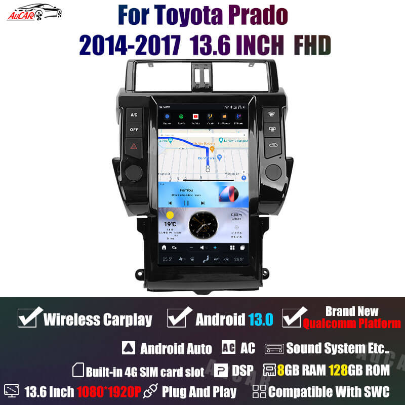 AuCar Tesla Android 13 13.6" Car Radio GPS Navigation For Toyota Prado 2014-2017 Car Multimedia Stereo Player Car Video