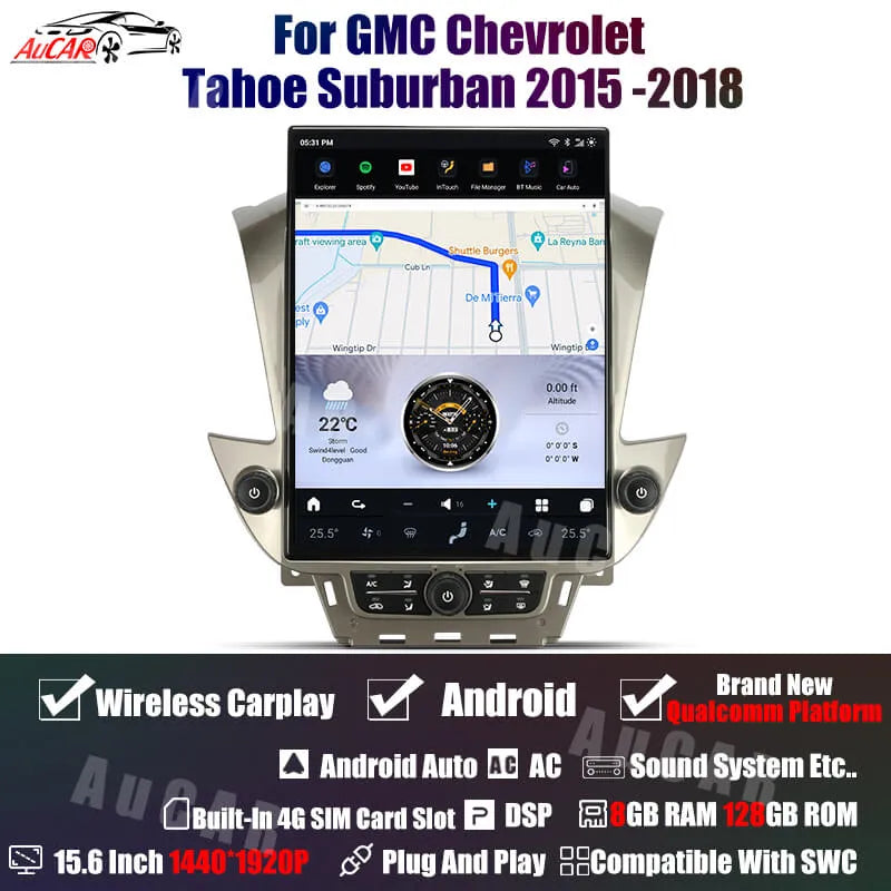 AUCARAUTO Tesla Android 15.6" Car Radio GPS Navigation For GMC Chevrolet Tahoe Suburban Yukon 2015-2018