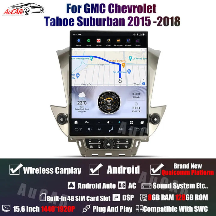 AUCARAUTO Tesla Android 15.6" Car Radio GPS Navigation For GMC Chevrolet Tahoe Suburban Yukon 2015-2018