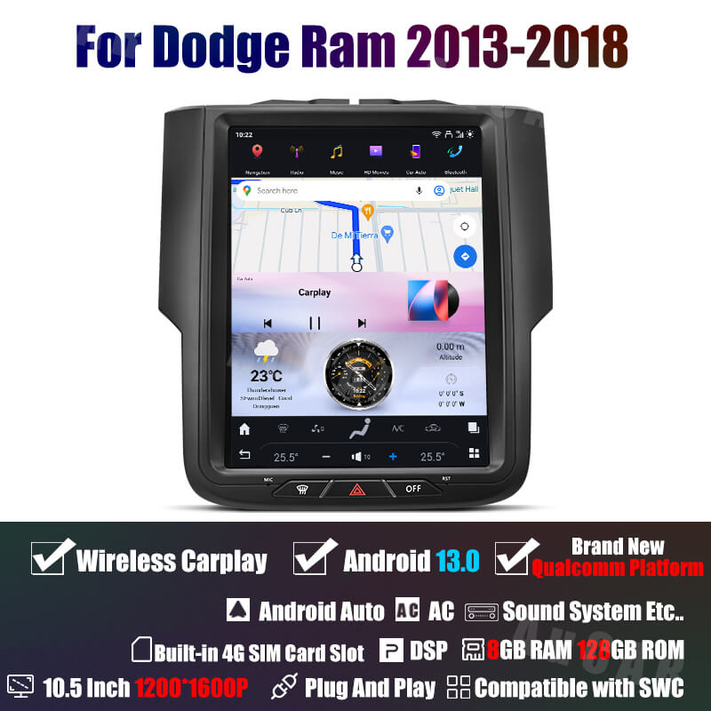 AuCAR Android 13 Tesla Style 10.5" Car multimedia for Dodge RAM GPS System Audio 2013-2018 Bluetooth Radio WIFI Vertical Stereo