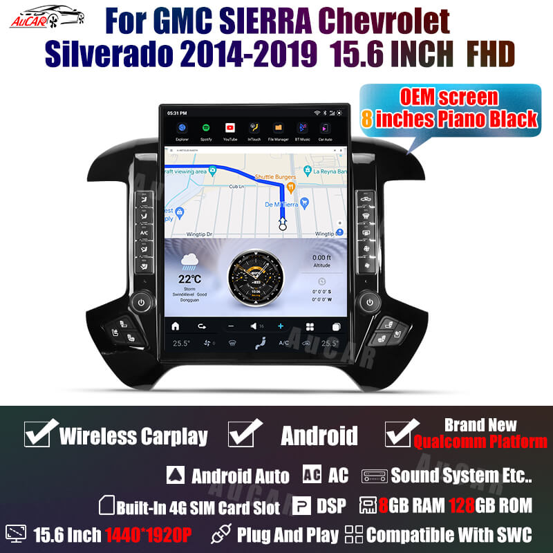 AuCar Tesla Android 15.6″ Car Radio GPS Navigation For GMC Sierra Chevrolet Silverado 2014-2019