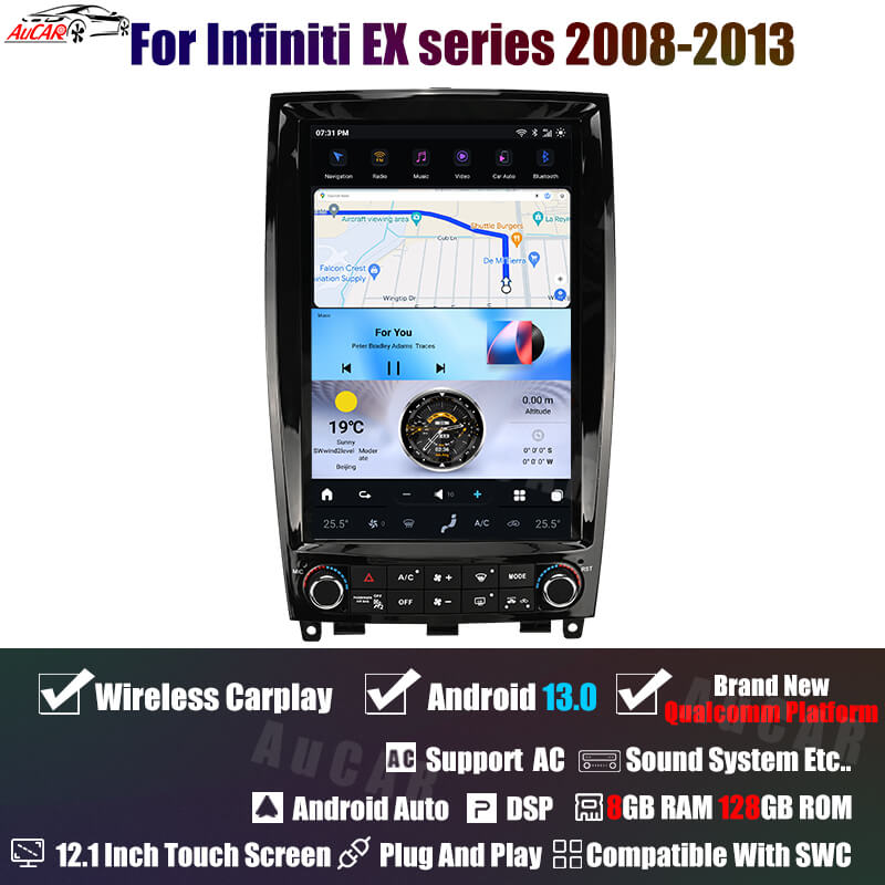 AuCar Tesla Android 13 12.1" Car Radio GPS Navigation For Infiniti QX50 EX Series 2008-2013/2015-2017