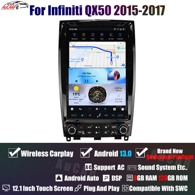 AuCar Tesla Android 13 12.1" Car Radio GPS Navigation For Infiniti QX50 EX Series 2008-2013/2015-2017