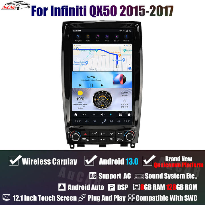 AuCar Tesla Android 13 12.1" Car Radio GPS Navigation For Infiniti QX50 EX Series 2008-2013/2015-2017