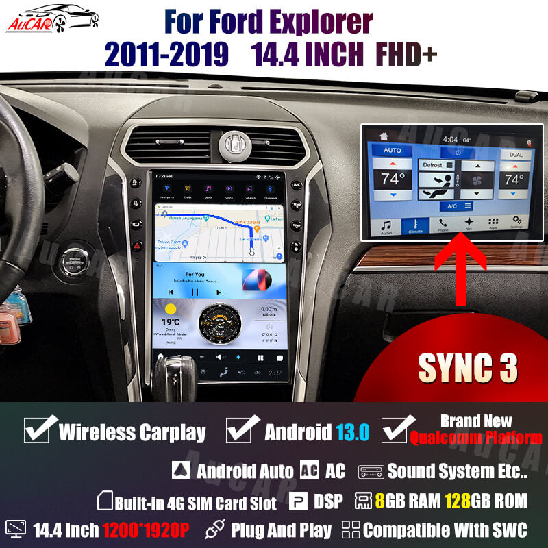 AuCar Tesla Android 13 14.4" Car Radio GPS Navigation For Ford Explorer 2011-2019