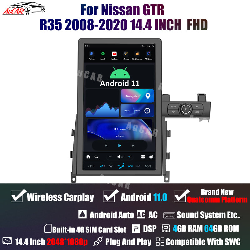 AuCar Tesla Android 11 14.4" Car Radio GPS Navigation For Nissan GTR R35 2008-2015 Car Multimedia Stereo Player Car Video
