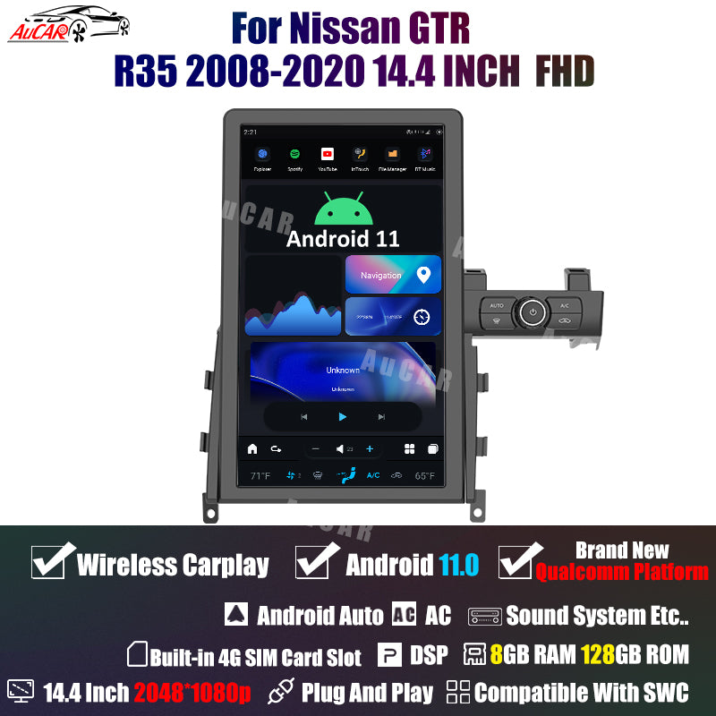 AuCar Tesla Android 11 14.4" Car Radio GPS Navigation For Nissan GTR R35 2008-2015 Car Multimedia Stereo Player Car Video
