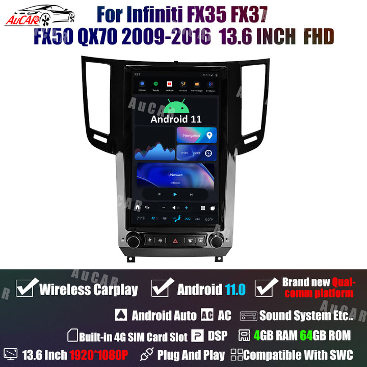 AuCar Tesla Android 11 13.6" Car Radio GPS Navigation For Infiniti FX35 FX37 FX50 QX70 2009-2016 Car Multimedia Stereo Player Car Video