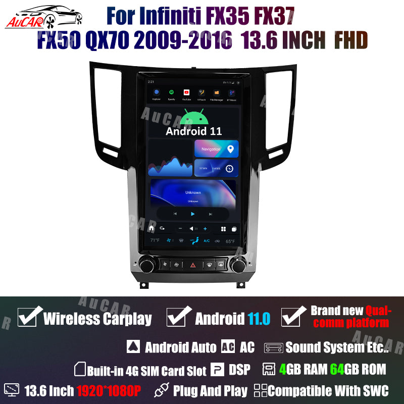 AuCar Tesla Android 11 13.6" Car Radio GPS Navigation For Infiniti FX35 FX37 FX50 QX70 2009-2016 Car Multimedia Stereo Player Car Video