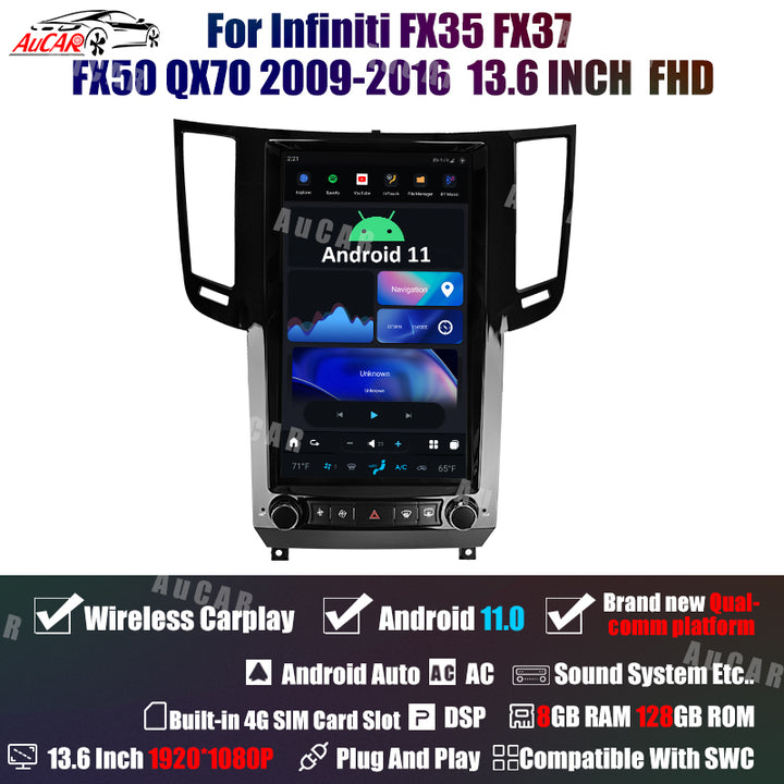AuCar Tesla Android 11 13.6" Car Radio GPS Navigation For Infiniti FX35 FX37 FX50 QX70 2009-2016 Car Multimedia Stereo Player Car Video