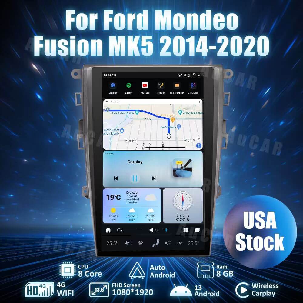 AuCar Tesla Android 13 13.6" Car Radio GPS Navigation For Ford Mondeo Fusion MK5 2014-2020